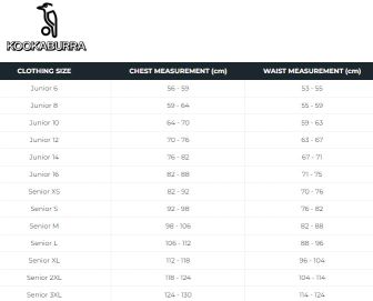 Kookaburra junior clothing size guide